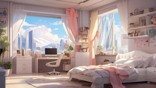 Bedrooms with large windows provide a bright, refreshing atmosphere and a natural touch of the outside view, creating perfect relaxation. seamless looping time lapse animation video background 