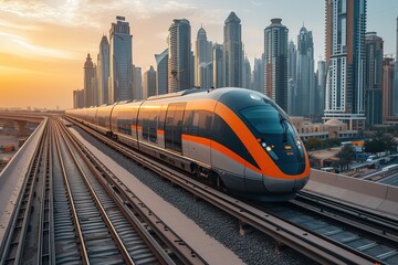 A luxurious high-speed train gliding silently on elevated tracks through a modern metropolis - obrazy, fototapety, plakaty