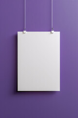 a white blank canvas hanging on a clean purple color wall