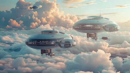Floating city above the clouds high-tech zeppelins aerial parks sky bridges