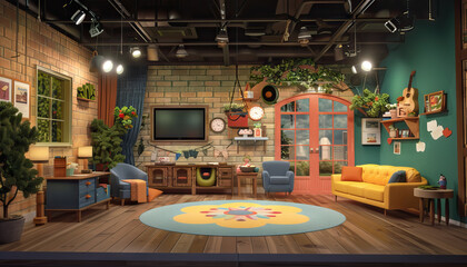 Wholesome Family Talk Show Studio: A charming set with wholesome decor and a backdrop highlighting family values and togetherness - obrazy, fototapety, plakaty
