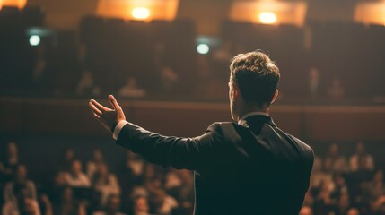 Back view of a confident businessman giving a motivational speech to an attentive audience in a conference hall