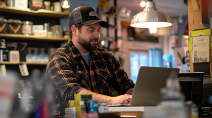 Bearded man in a cap works on a laptop in a cozy retail environment, focused on his business tasks