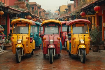 A row of colorful pedicabs waiting for passengers in a vibrant market square