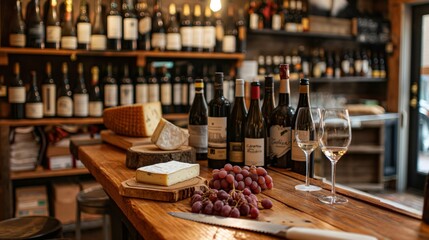 Cozy interior of a specialty shop with selection of wines and gourmet cheeses set for tasting - obrazy, fototapety, plakaty