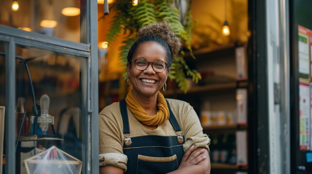 Smiling entrepreneur in an apron stands at her shop's entrance, radiating a warm welcome