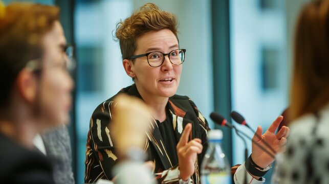 Non-binary and transgender inclusive business leadership discussion for corporate executives and businesspersons to promote diversity and equality in the office environment