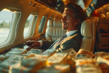 Prosperous entrepreneur travels in business jet filled with stacks of hundred dollar bills.