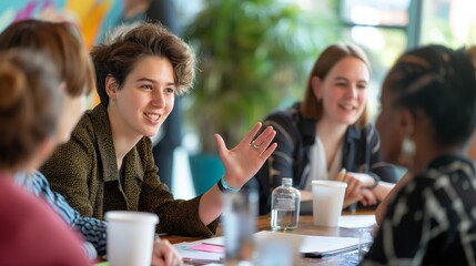 Diverse colleagues with a non-binary team leader engaging in a productive discussion in a casual office setting