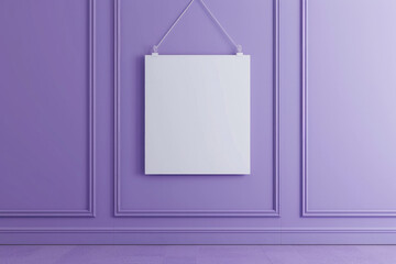 a white blank canvas hanging on a clean purple color wall