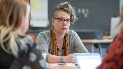 Creating an inclusive and collaborative team meeting discussion for non-binary, diverse, and lgbtqia plus team members in a modern professional office environment