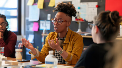 A non-binary team leader conducting a discussion in a modern office setting