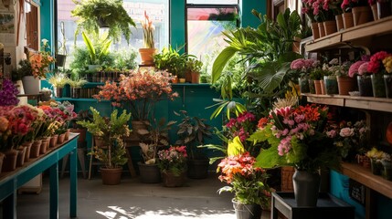 Fototapeta na wymiar Warm sunlight filters through a quaint flower shop, highlighting an array of vibrant flowers and plants