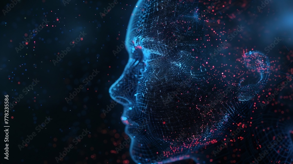 Poster Generative AI : Abstract digital human face. Artificial intelligence concept of big data or cyber security. 3D illustration