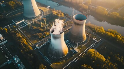 Generative AI : Aerial view to Temelin nuclear power plant. This power station is important source of electricity  - obrazy, fototapety, plakaty