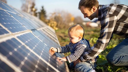 Generative AI : Man showing his small child the solar panels during sunny day. Father presenting to son modern energy resource.