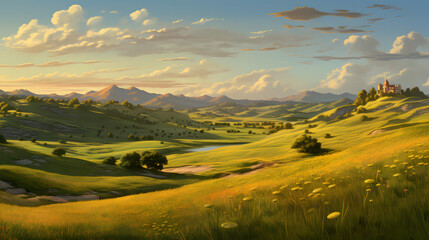 illustration of a natural landscape with a wide grassland with a mountain in the background and a sky full of clouds in the afternoon