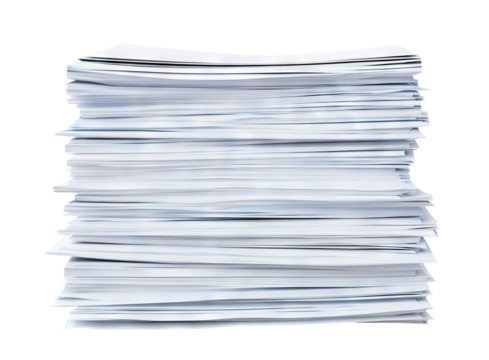 Towering stack of paperwork and files, cut out