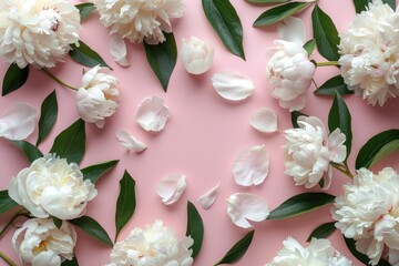 White peonies and petals on a pink background, overhead shot on pink background.