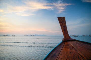 Around the bow of a long-tailed boat while sailing in the sea. On the way to travel to Koh Kradan,