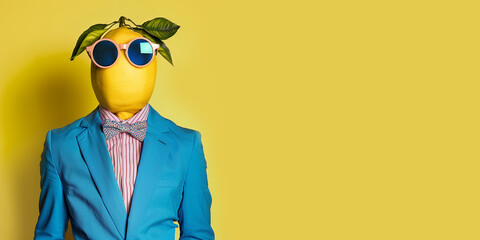 Person with lemon in place of head. Elegant fruit businessman. Banner with copy space. - obrazy, fototapety, plakaty