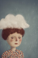 Woman with stormy cloud on her head. Dealing with difficult emotions concept. Painting style portrait illustration.