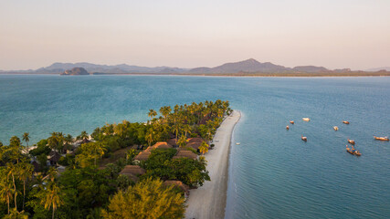Aerial view of koh Mook or koh Muk island with beautiful sky and sunrise, in Trang,