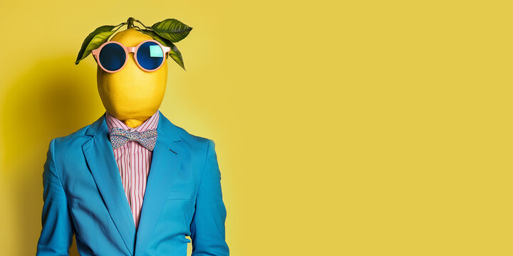 Person with lemon in place of head. Elegant fruit businessman. Banner with copy space.