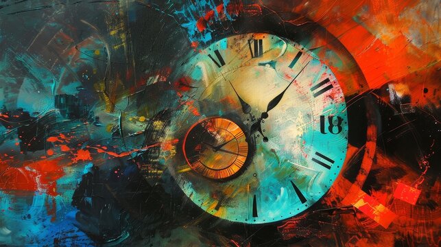 A striking abstract acrylic painting featuring a distorted clock face amidst vibrant, splattered colors and textures
