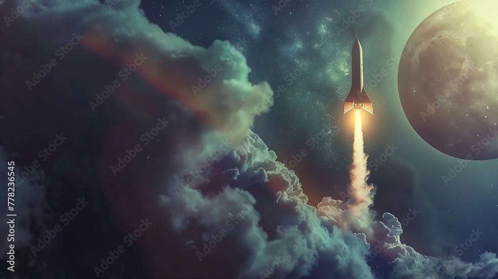 Poster Generative AI : Futuristic Conceptual Photo. Startup Concept. Rocket Take-off and Released from Digital Tablet 