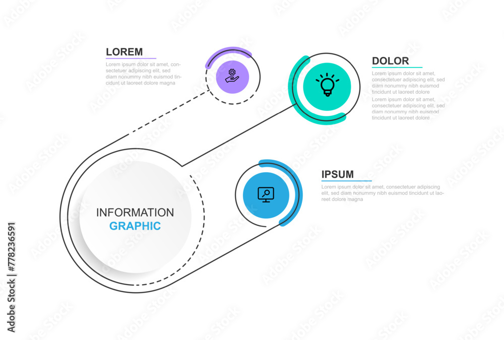 Fototapete 3 step line connected information graphic. Vector template infographic suitable for web presentation and business information