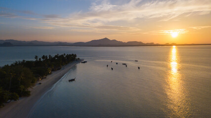 Aerial view of koh Mook or koh Muk island with beautiful sky and sunrise, in Trang, Thailand.