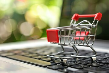 a miniature shopping cart sitting on top of a laptop keyboard - obrazy, fototapety, plakaty