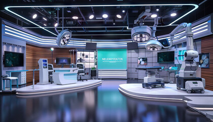Medical Technology Talk Show Studio: Set with medical technology-themed decor, medical equipment models, and a backdrop featuring medical innovations and healthcare advancements - obrazy, fototapety, plakaty