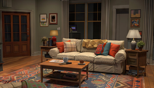 Sitcom Living Room Set: A cozy living room with a sofa, coffee table, and props, waiting for the actors to bring it to life