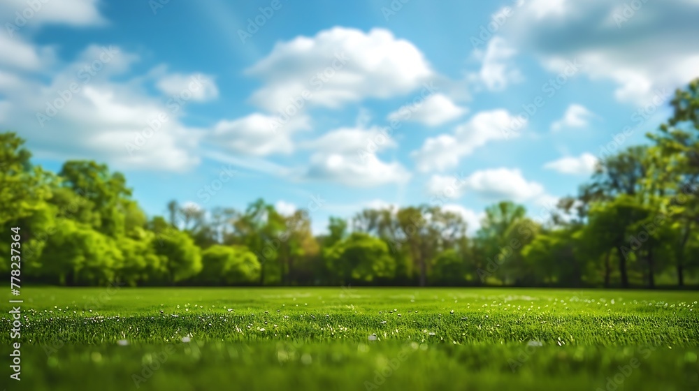Fototapete generative ai : beautiful blurred background image of spring nature with a neatly trimmed lawn surro