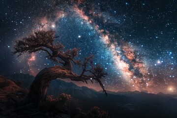 Celestial scene with the Milky Way arching across the night sky, illuminated by ethereal light from...