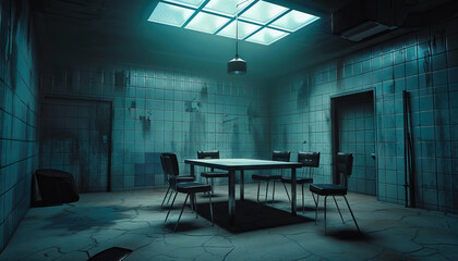 Crime Drama Interrogation Room: A stark, dimly-lit room with a table and chairs, set up for intense interrogation scenes - obrazy, fototapety, plakaty