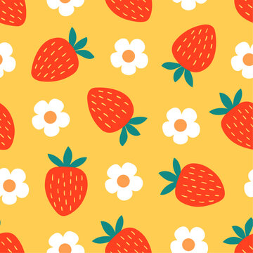 Colorful seamless pattern with strawberries and flowers