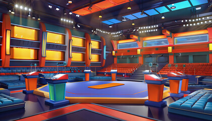 Game Show Set: An elaborate game show set with podiums, buzzers, and a large audience area, ready for contestants to compete - obrazy, fototapety, plakaty