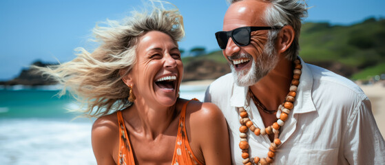 An older man and woman share a moment of laughter against beach backdrop. Joyful Senior Couple Laughing Together on Sunny Beach. Joyful Senior Couple Laughing Together on Sunny Beach
