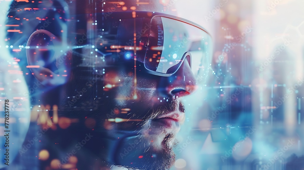 Poster generative ai : double exposure of male face. abstract man portrait. digital art. guy in glasses of 