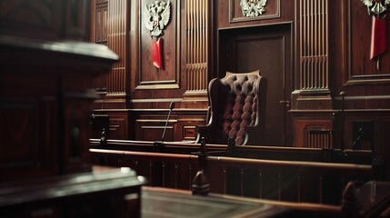 Generative AI : A courtroom in a Russian court, an empty judge's chair - obrazy, fototapety, plakaty