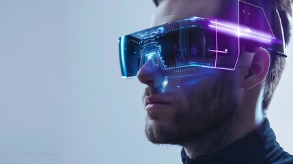 Generative AI : people, technology, future and progress - man with futuristic 3d glasses and microchip implant - obrazy, fototapety, plakaty