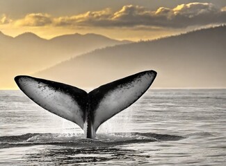 Tail of an orca coming out of the sea - obrazy, fototapety, plakaty