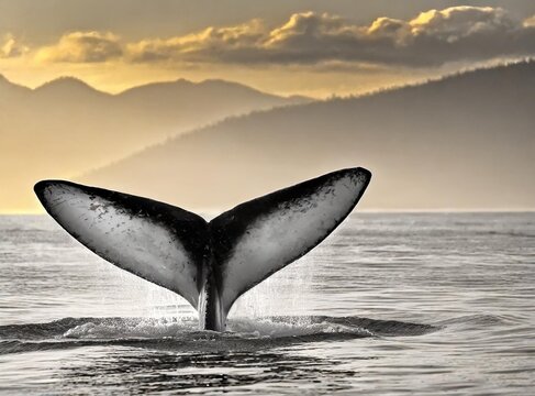 Tail of an orca coming out of the sea