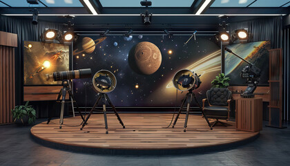 Astrophysics Talk Show Studio: Set with astrophysics-themed decor, telescope models, and a backdrop featuring astronomical phenomena and cosmic events - obrazy, fototapety, plakaty