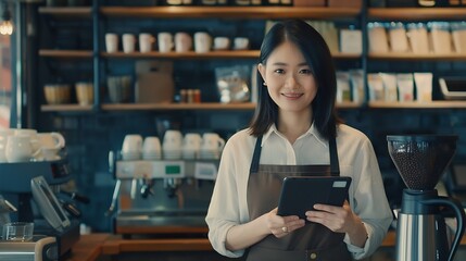 Generative AI : young Asian female coffee shop owner or waitress stands in front of the cashier counter with her tablet.  - Powered by Adobe