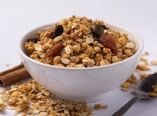 Bowl of granola isolated on white background