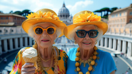 
Two elderly women smile joyfully while holding gelato, with a blurred background of European City. Joyful Senior Women in Vibrant Attire enjoying vacation eating Gelato in Rome